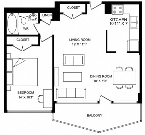 Floor plan for 1 bed, 1 bath, 665 sqft